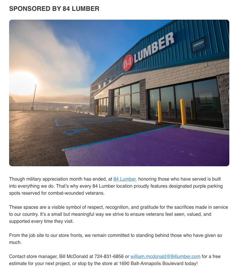 Feature story sponsor example for 84 Lumber