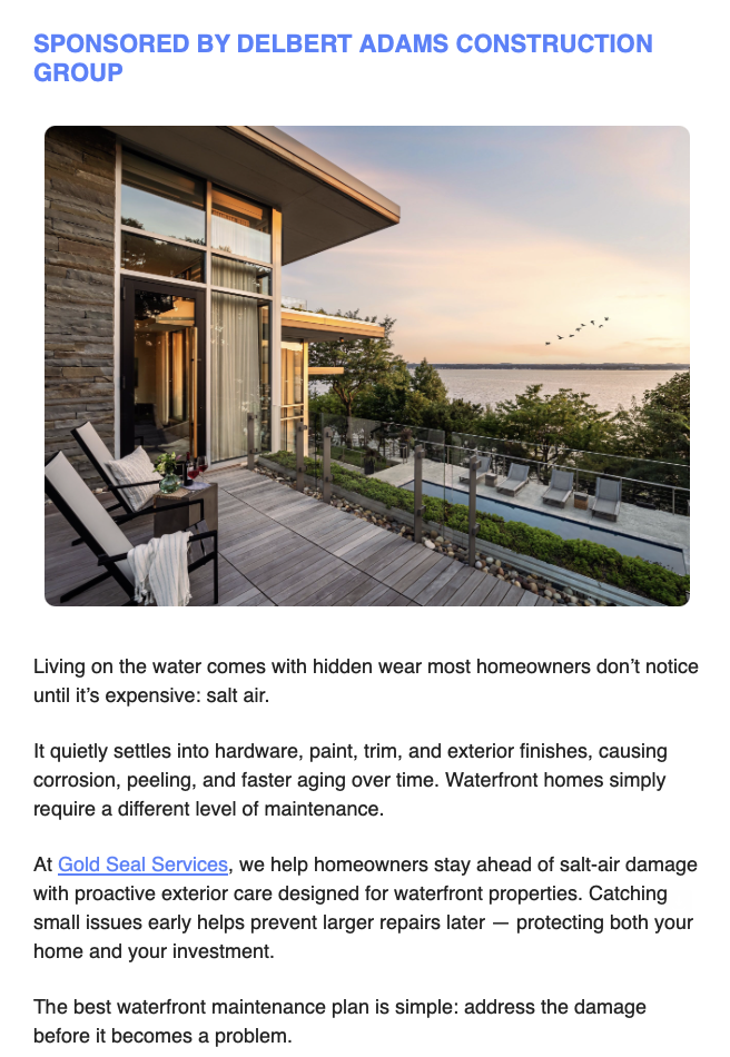 Middle story sponsor example for home services